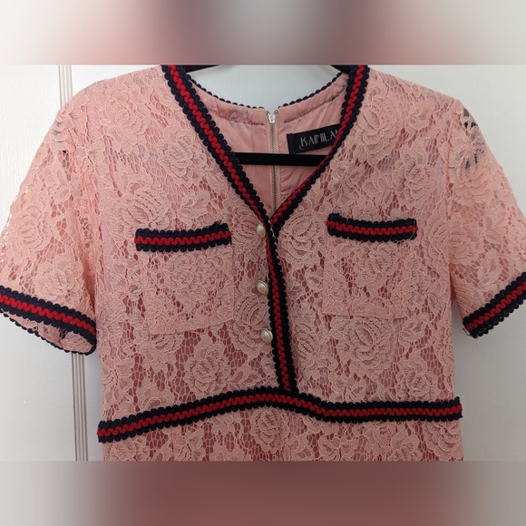 Gorgeous Kaimilan Dress, EUC, Sz L pink lace, red trim, V neck, back zip, EUC - Picture 2 of 4